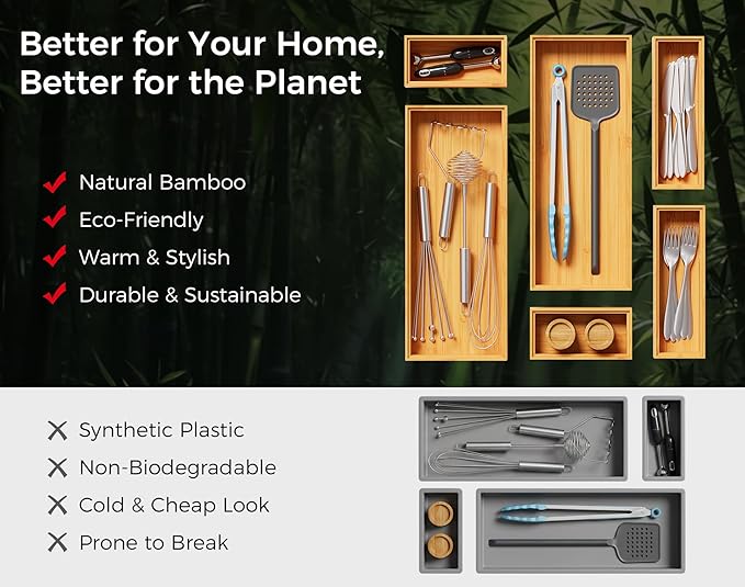 Bamboo Kitchen Drawer Organizer Boxes – 12" x 6" Stackable Wood Silverware Utensil Tray for Drawers Bins, Cutlery & Flatware Storage – Wooden Organizers Set of 2 for Junk Drawer, Bathroom, RV