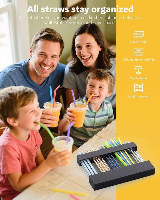 Magnetic Acrylic Straw Holder for Fridge - 5 Slot Sturdy Kitchen Organizer, Adhesive-Free Refrigerator Storage for Metal, Glass, Silicone Straws & Utensils (Black-Magnetic Type-5C)