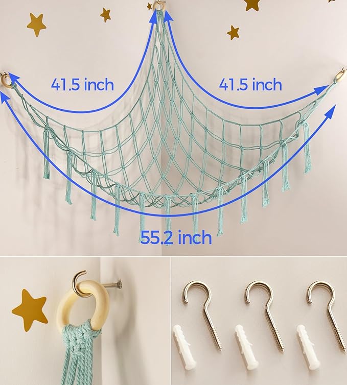 Stuffed Animal Hammock-Large Stuffed Animal Net For Toys Corner-Hanging Stuff Animal Toy Storage Organizer For Plush Plushie Display Light Blue Girl Room Bedroom Boho Nursery Decor Toy Storage