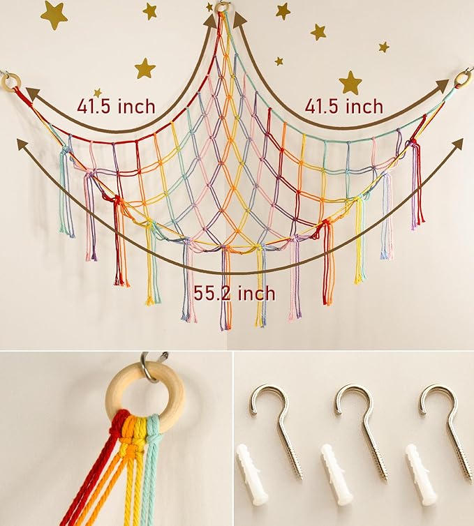 Stuffed Animal Hammock Corner Storage Net Cute Preppy Trendy Stuff Gifts for Teen Girls Baby Room Living Room House Wall Nursery Decor Rainbow Color Colorful Unicorn Hanging Organizers Organization