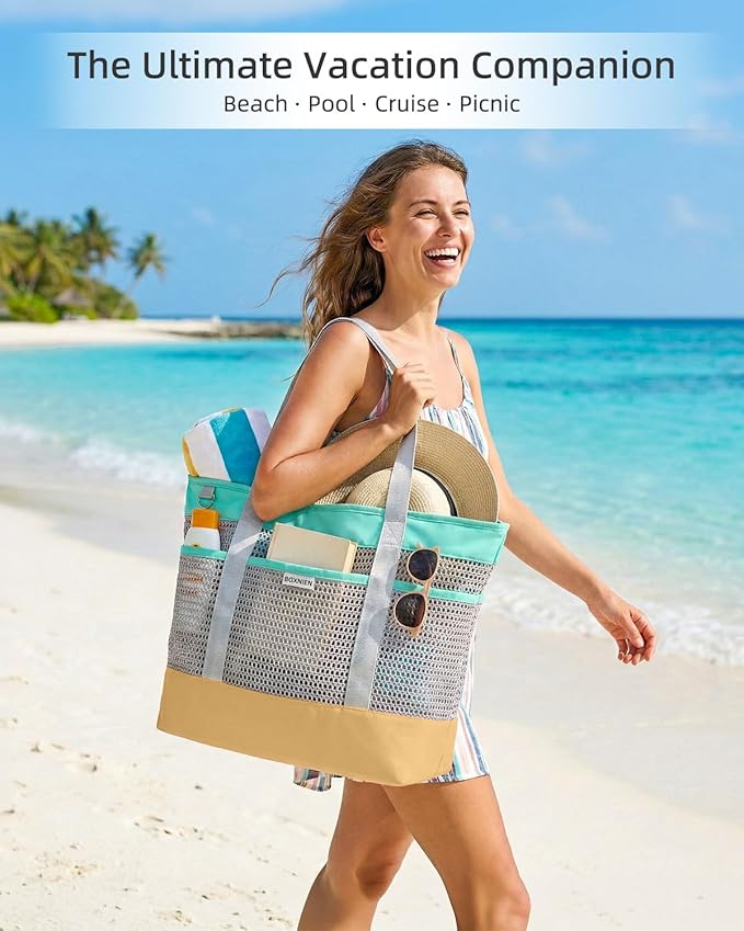 Mesh Beach Bag for Women - Large Foldable Tote with Waterproof Sandproof Bottom plus Zippered Top and 7 Pockets Lightweight Packable Pool Bag for Swim Cruise Travel and Vacation