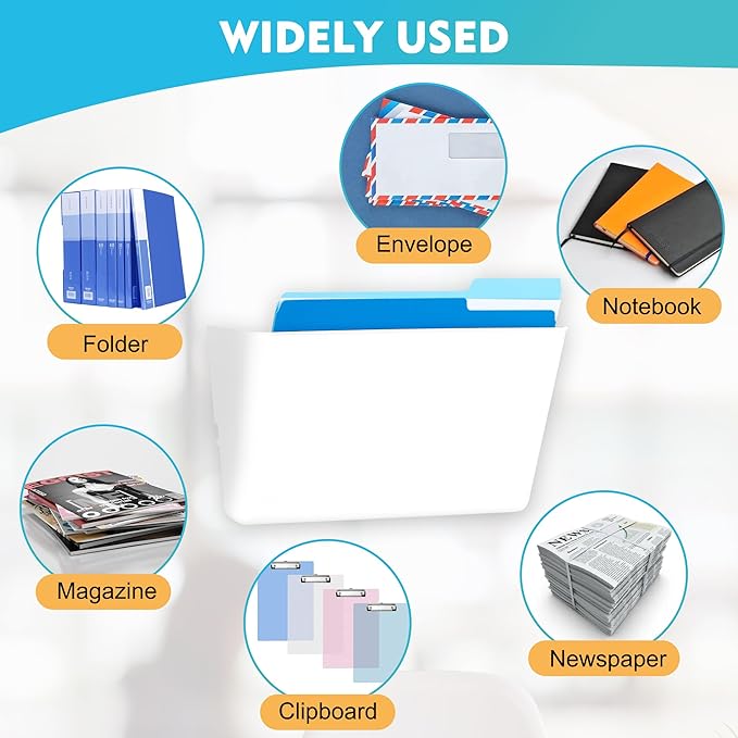 EASEPRES 8 Pack White Plastic Single Pocket Hanging File Organizer, Wall Mount Paper Mails Magazines Holder, Mounted Folder Bins for Office, School and Home, 12.99x4.13x7.48 inches