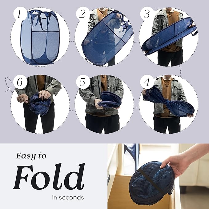 Collapsible Mesh Pop Up Laundry Hamper with Sturdy Handles and Side Pocket - Portable Foldable Clothes Baskets for Dorm, Bathroom & Travel Storage (Black)