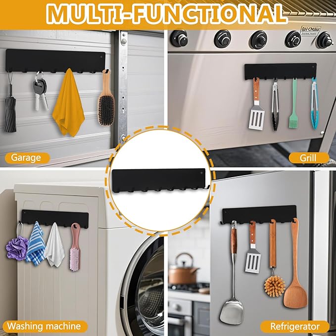 Magnetic Key Holder for Frideg,Heavy Duty Strong Magnetic Key Hanger with 8 Hooks for Refrigerator,Magnetic Kitchen Utensil Holder for Metal Surface in Entryway,Garage,Pantry (Black)