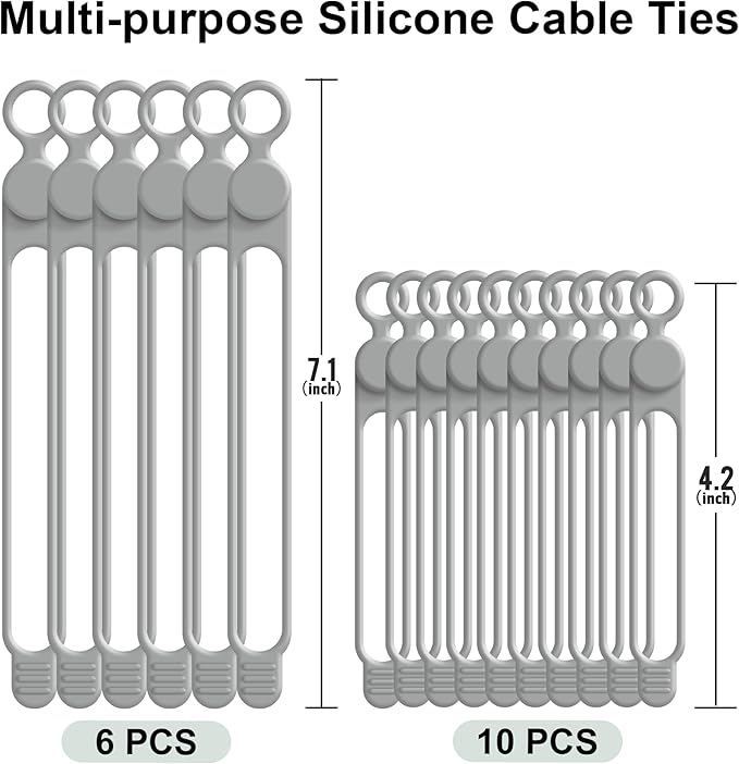 Nearockle Silicone Cable Ties Cord Organizer for Cable Management, 16PCS 4.2" and 7.1" Reusable Cable Organizer Electronic Accessories for Home, Office, Kitchen, School, Travel (Grey)