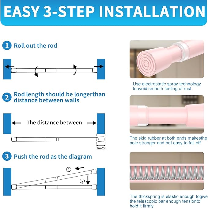 AIZESI 2 Pack Tension Curtain Rod for Windows 26.5 to 36 inch, Adjustable Expandable Pressure Spring Curtain Rod No Drilling, Pink Curtain Rod for Bedroom Doorway Closet Door