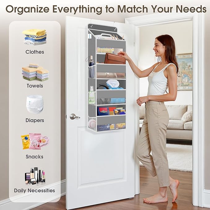 2 Pack Over The Door Organizer, Hanging Storage Organizer with Clear Window, 40lb Ultra Sturdy Large Capacity Room Organizer for Pantry Laundry Bathroom Nursery Closet (Grey)