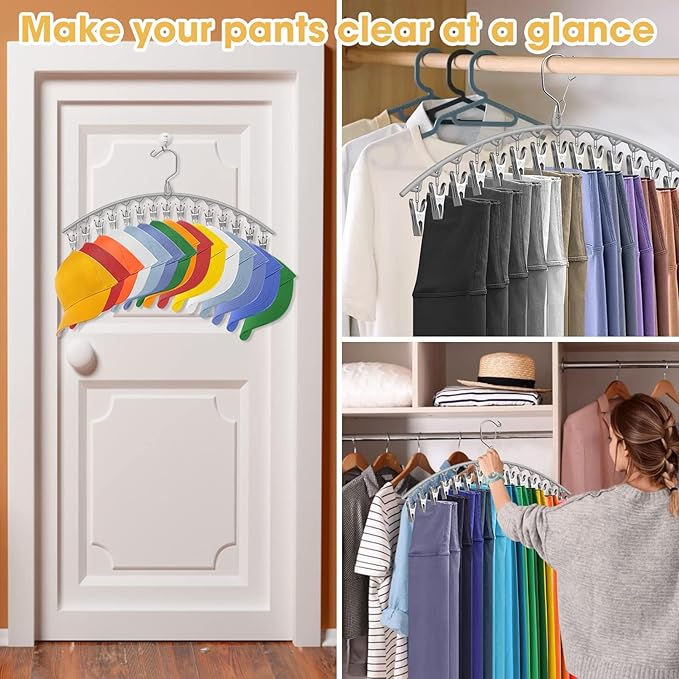 Upgrade Skirt Pants Hangers with Clips, Metal Legging Organizer for Closet with 15 Cilps Holds 60 Leggings/Shorts/Jeans/Skirts Pants Hangers Space Saving Closet Organizers and Storage, Grey 4Pack