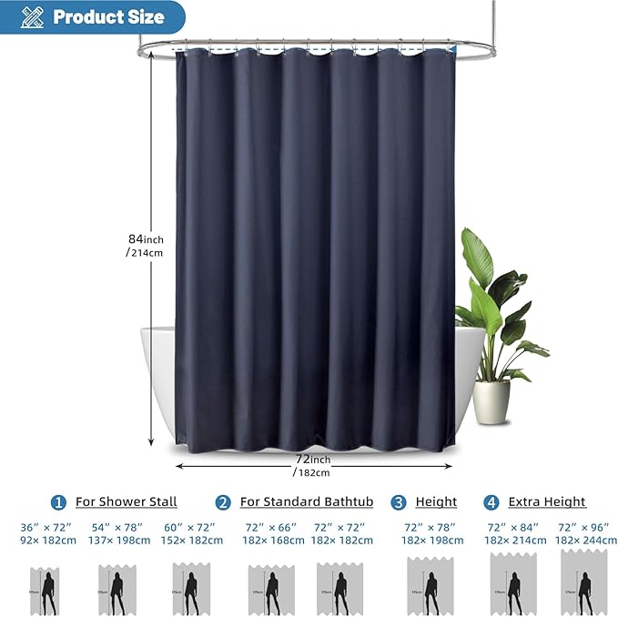 1 Pack Water-Repellent Fabric Shower Curtain Liner - Hotel Quality Machine Washable, 3 Heavy-Duty Magnets with Rustproof Grommets & Weighted Hem, Standard Size 72x84in Blue