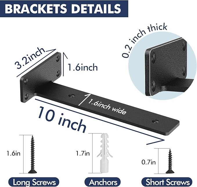 Starunder 8 Pack Floating Shelf Brackets, 10 Inch Heavy Duty Industrial Shelf Bracket, Black Metal L Brackets for Shelves Support DIY(1/5 Inch Thicked)