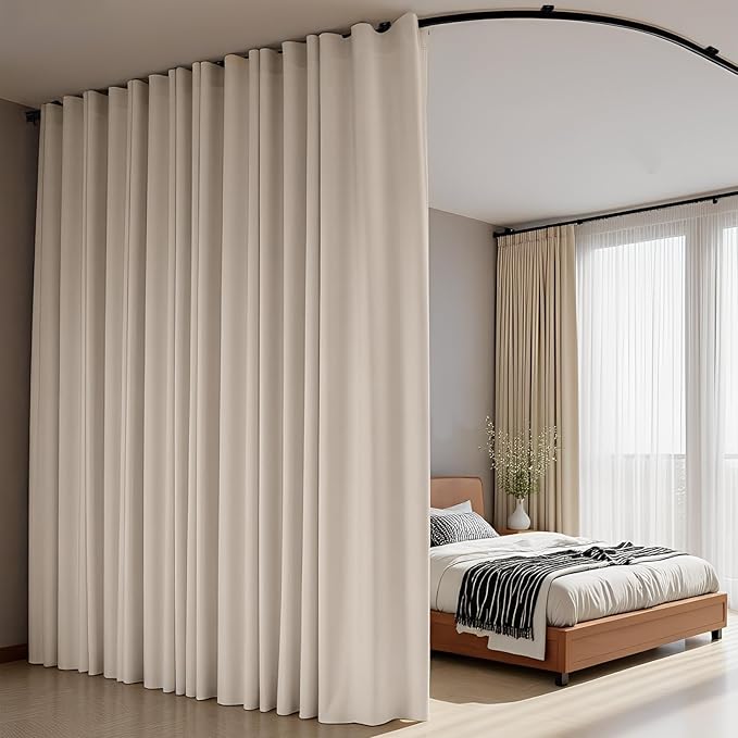 Room Divider Curtains Flexible Ceiling Tracks Set Curtain Track Ceiling Mount Blackout Curtain for Living Room Bedroom Ceiling Curtain Rod Privacy Dividers Panels W120 x H120 Beige Drape & Black Rail