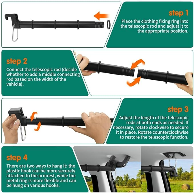 Car Clothes Hanger Bar – Adjustable Telescopic Car Clothes Rack, 30–62 Inches, for Wrinkle-Free Clothes Hanging in Vehicles, Heavy-Duty Non-Slip Car Hanging Rod for Sedans, SUVs, Trucks, Travel