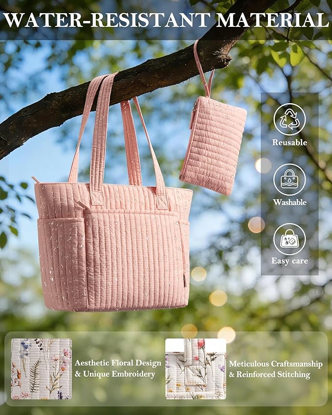 Bagstellar Puffer Tote Bag for Women, Quilted Cotton Laptop Work Tote Shoulder Bag for College School, Teacher, Nurse, Travel | Top Full-zip Closure