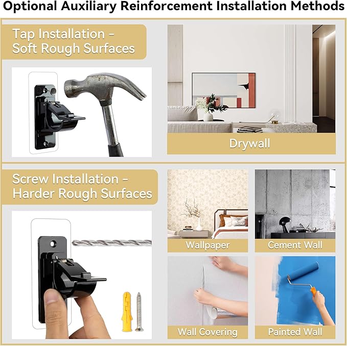 16PCS No Drill Curtain Rod Brackets, Self Adhesive Curtain Rod Holders, No Hole, Multipurpose Curtain Rod Hooks for Bathroom Living Room Kitchen and Bedroom (Black)