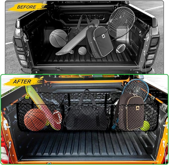 Upgraded 3 Pocket Truck Bed Cargo Net for Toyota Ford Dodge GMC Chevy Silverado, Universal Pickup Mesh Storage Net 47.2" x 11.8" Stretchable Elastic Truck Bed Grocery Holder Net with 4 Ball Bungees