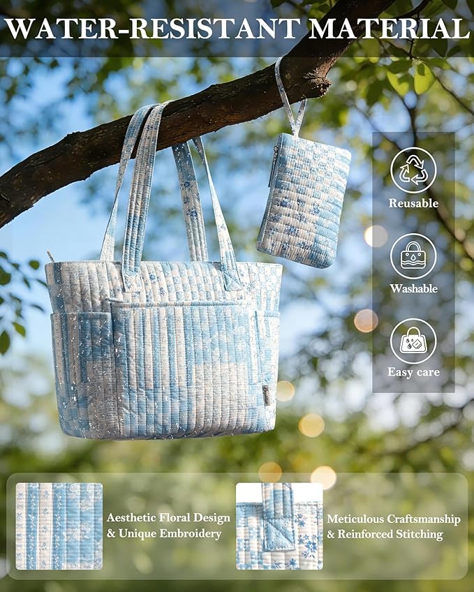 Bagstellar Puffer Tote Bag for Women, Quilted Cotton Laptop Work Tote Shoulder Bag for College School, Teacher, Nurse, Travel | Top Full-zip Closure