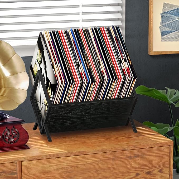 YINMIT Vinyl Record Holder - 80-100 LP Vinyl Record Storage Rack, Quick Assembly Display, Retro Style Organizer for Magazine, Book, Files, Albums (Black, 1 Tier)