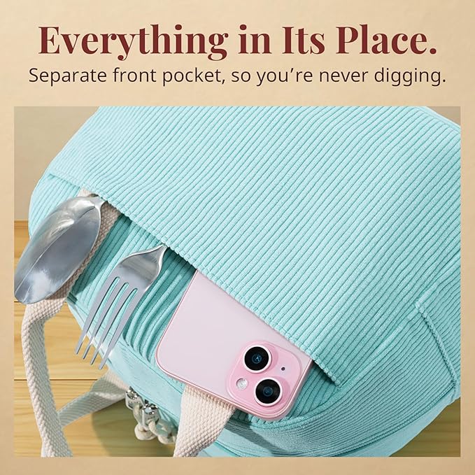 LOVELYWIND Insulated Lunch Bag for Women Men, Stylish Corduroy Tote Bag with Aluminum Lining, Large Capacity Reusable Cooler for Work, Travel, or Beach, Mint Green Lunch Box