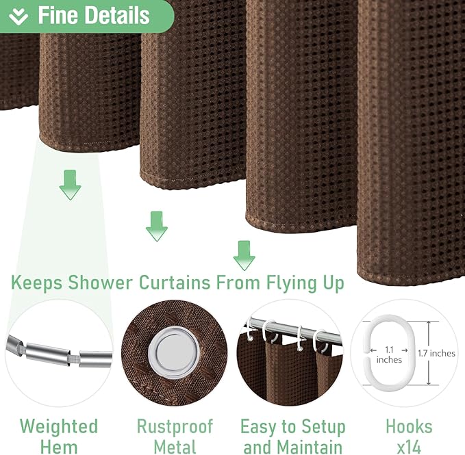 Dynamene Extra Wide Shower Curtain - 84 Inch Wide Waffle Weave Weighted Thick Cloth Bathroom Shower Curtain, Neutral Heavy Duty Hotel Bath Curtain Set with 14 Plastic Hooks, 84x72, Brown