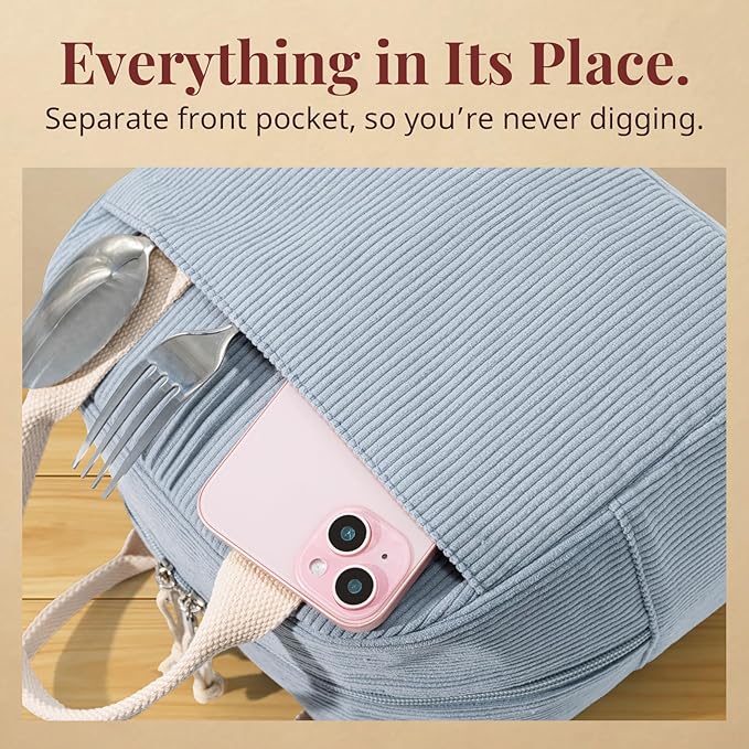 LOVELYWIND Insulated Lunch Bag for Women Men, Stylish Corduroy Tote Bag with Aluminum Lining, Large Capacity Reusable Cooler for Work, Travel, or Beach, Dusty Blue Lunch Box