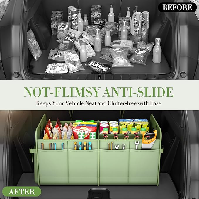 titiyiof Trunk Organizer For Suv & Sedan,Car Organizers and Storage, Waterproof Collapsible & Adjustable Straps,75L Sturdy Car Organization for Car Accessories, Tools,Sundries,2-3Compartment(Green