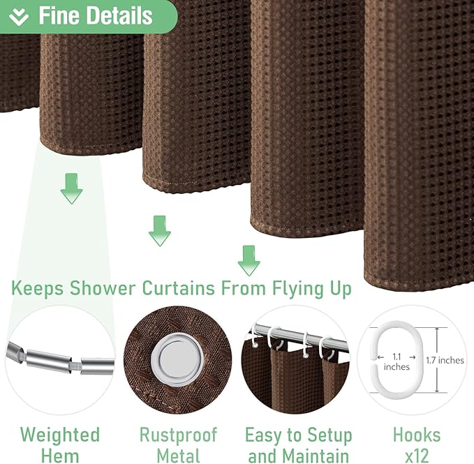 Dynamene Extra Long Fabric Shower Curtain - Waffle Weave 90 Inches Long Heavy Duty Cloth Shower Curtains for Bathroom, 256GSM Tall Hotel Luxury Bath Curtain Set with 12 Plastic Hooks, Brown