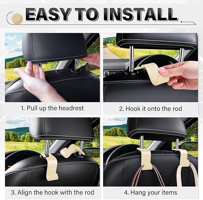 SINGARO Universal 2 Pack Car Seat Headrest Purse Hook, Carbon Fiber Back Seat Hook Storage Organizer Hanger for Purse Handbag Coat, Car Interior Accessories(Beige)