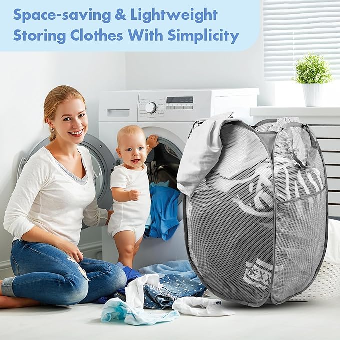 DUCOO Pop Up Laundry Hamper, 70L Collapsible Mesh Laundry Basket with Side Pocket, Foldable Dirty Clothes Hamper with Sturdy Reinforced Handles for Home Dorm Bedroom Travel Bathroom Storage, Gray