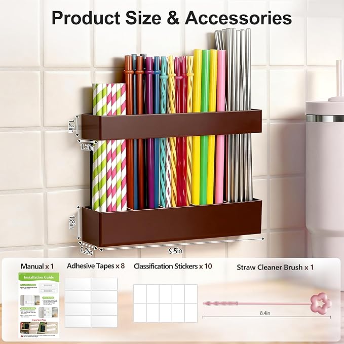 9.5” Large Acrylic Straw Holder for Cabinet Door, Reusable Adjustable Two-Part Straws Organizer with Ultra Sticky Adhesive Strips, 2026 Straw Storage for Kitchen Cupboard