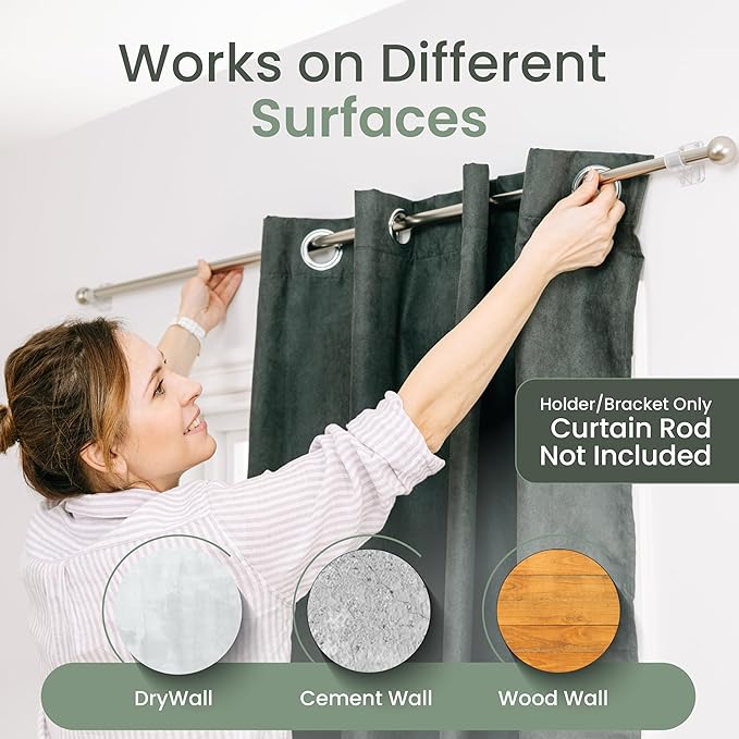 No Adhesive Heavy Duty Curtain Rod Holders with Wide Hook, 5X Stronger Than Adhesive Curtain Rod Hooks,Tension Curtain Rod Bracket for Wall with Pin Guide, Curtain Wall Mount (4 Pack, for 0.75" Rods)