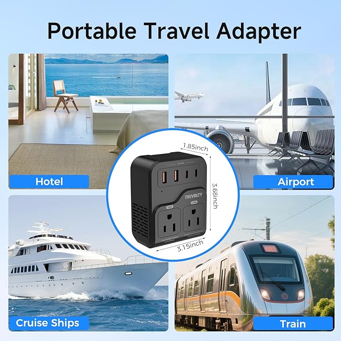 2000W Voltage Converter US to Europe, 220V to 110V Converter for Hair Dryer, 7-in-1 European Travel Plug Adapter with 3AC/2USB-A/2USB-C (PD20W), Travel Essentials (Black) (Black)