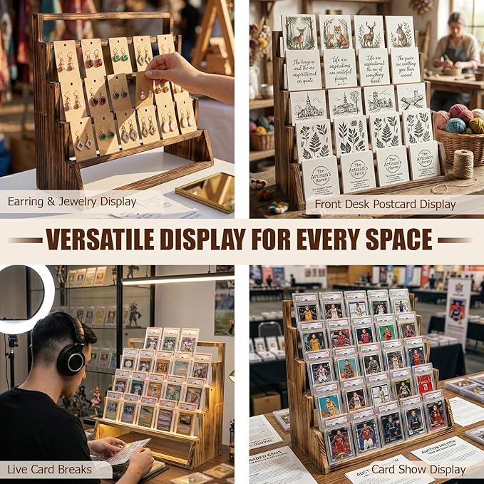 5 Tier Wooden Card Display Stand – Vertical Card Holder Display for Trading Cards, Game Cards, Sports Cards, Graded PSA/BGS/SGC, Baseball, Basketball&Football(Soccer) Card Stand, Desk & Shelf Organize,Charred Wood