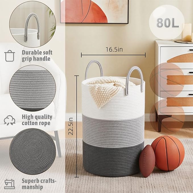 Artfeel Laundry Basket,Woven Cotton Rope Laundry Hamper,80L for Decorative Storage of Dirty Clothes,Toys and Blankets in Bathroom,Bedroom and Living Room