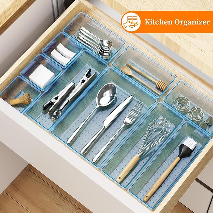 StorMiracle 32 PCS Clear Plastic Drawer Organizer Set, 4-Size vanity organizer Trays and Storage Bins for Makeup, Jewelry and Gadgets in Bedroom, Bathroom and Office, Clear Sea Blue