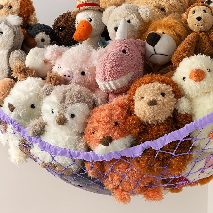 Stuffed Animal Storage Hammock Net Corner - Large Toy Hammock Net for Stuffed Animals Room Decor - Cute Stuff Animal Organizer Holder for Plush Plushie - Kids Baby Nursery Wall Bedroom Home Decor