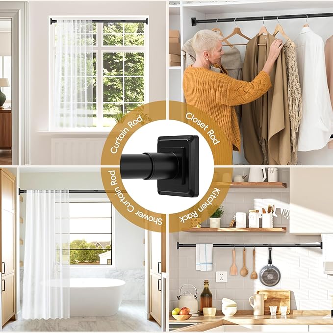 Black Shower Curtain Rod,Spring Tension Curtain Rod 30-88”,No Drill or Screw Installation Shower Rod for Bathroom, Closet, Kitchen with Brackets