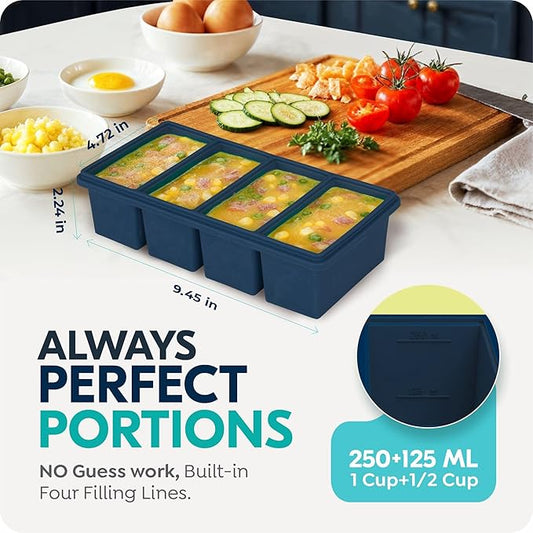 1 cup Silicone Freezer Trays with Lids, Soup Container Style Ice Cube Trays, Easily prepare portioned meals, Great for storing soups, leftovers, sauces and other dishes, Dishwasher, Oven Safe – 2 Pack