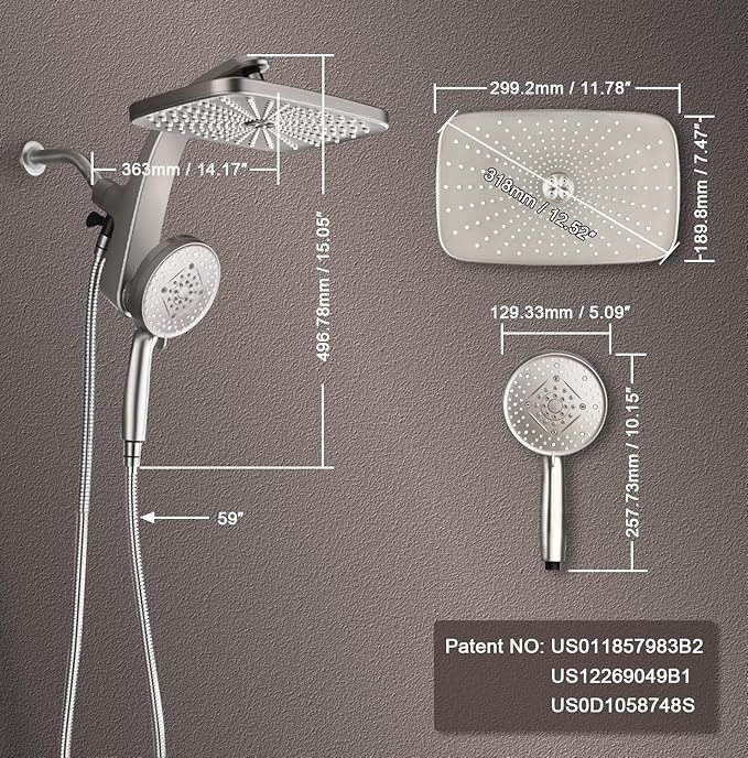 BOZYBO Rain Shower Head with Handheld: High Pressure Shower Heads with Handheld Spray Combo, 12" Rainfall Shower Head and 9 Sprays Hand Showerheads with Magnetic Docking and Power Jets, Nickel 2.5GPM