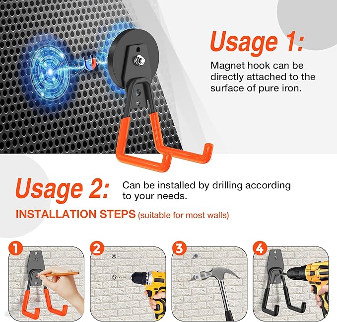 4Pcs Magnetic Hooks Heavy Duty, Large Strong Magnetic Storage Hook for Hanging Garage Tool, 66mm Magnet Hooks with Anti-Slip Coating, Magnetic Holder for Power Drill/Metal Cabinet/Garden Tools