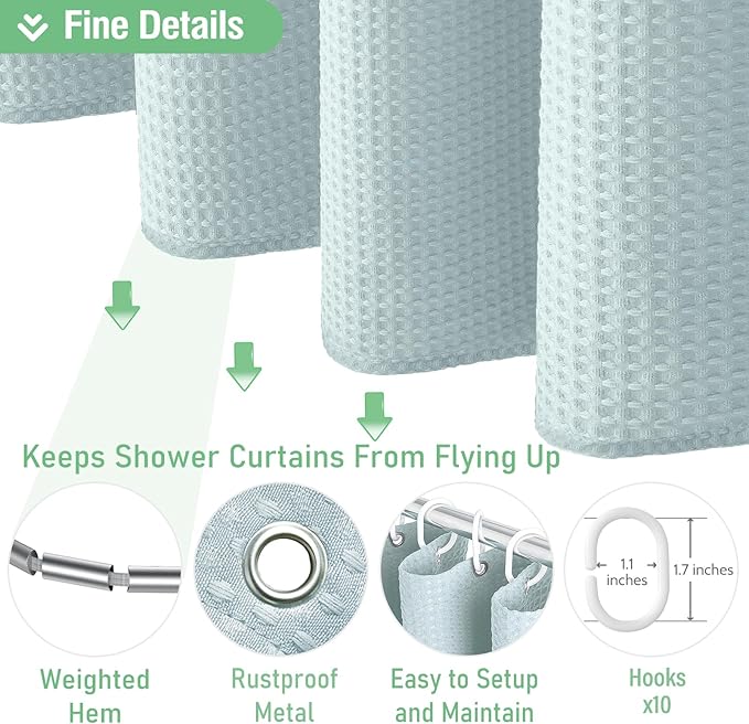 Dynamene Stall Fabric Shower Curtain - 54 inch Wide Waffle Weave Weighted Thick Cloth Shower Curtains for Bathroom, Heavy Duty Hotel Spa Luxury Bath Curtain Set with 10 Hooks, 54x72, Fog Blue
