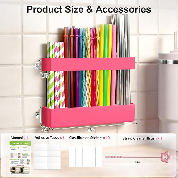 9.5” Large Acrylic Straw Holder for Cabinet Door, Reusable Adjustable Two-Part Straws Organizer with Ultra Sticky Adhesive Strips, 2026 Straw Storage for Kitchen Cupboard
