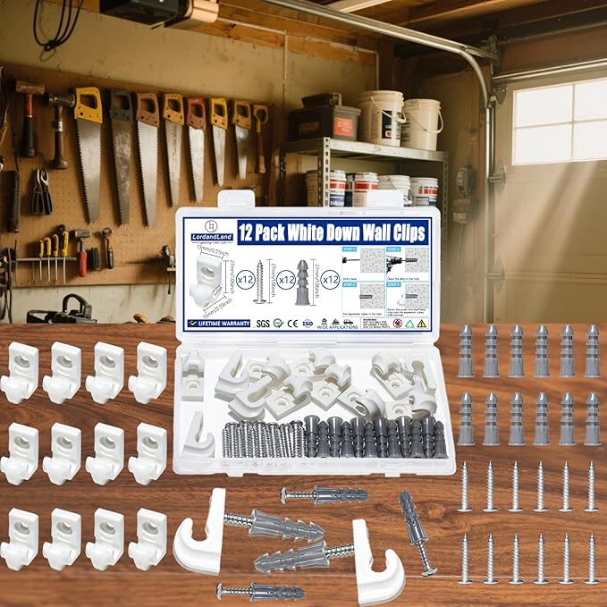 12 Pack White Down Wall Clip Closet Shelves Clips Wire Shelf Loop Clips Plastic Heavy Duty Wire Shelf Brackets Included Clips Screws and Expansion Tubes for Wire Closet Shelving