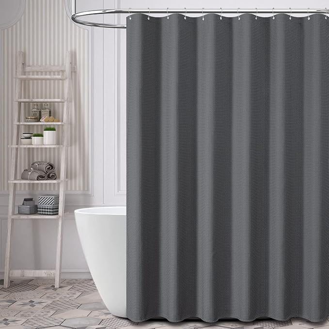 Dynamene Extra Long Shower Curtain - 96 Inch Long Waffle Weave Weighted Thick Cloth Bathroom Shower Curtain, Neutral Heavy Duty Hotel Bath Curtain Set with 12 Plastic Hooks,72x96, Charcoal Grey