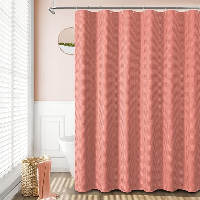 Dynamene Long Fabric Shower Curtain - 78 inch Long Waffle Weave Weighted Cloth Shower Curtains for Bathroom, Neutral Heavy Duty Hotel Spa Luxury Bath Curtain Set with 12 Hooks, 72x78, Coral