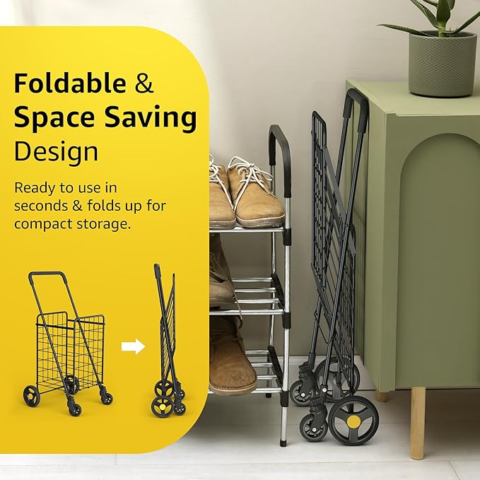 Our Modern Space Shopping Cart & 360° Swivel Wheels | Foldable Collapsible & Lightweight | Perfect for Groceries Laundry Utility Cart - Black