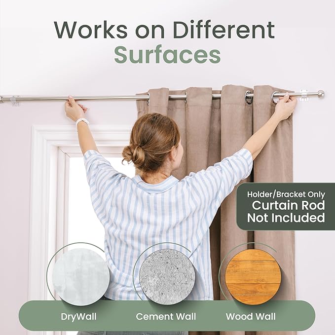 No Adhesive Heavy Duty Curtain Rod Holders with Wide Hook, 5X Stronger Than Adhesive Curtain Rod Hooks,Tension Curtain Rod Bracket for Wall with Pin Guide, Curtain Wall Mount (8 Pack, for 1.25" Rods)