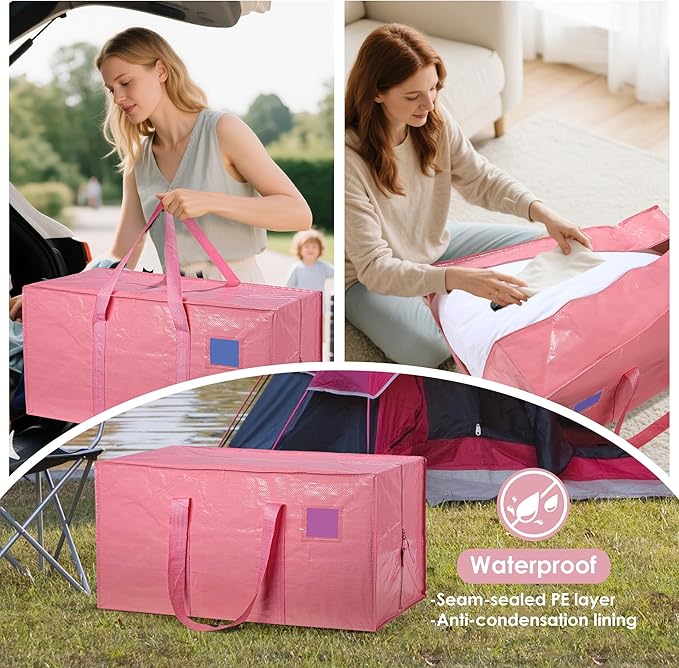 12 Pack Moving Bags with Full-Open Side Zipper, Extra Large 93L Heavy Duty Waterproof Foldable Storage Totes for College Dorm, Moving & Home Organization Pink