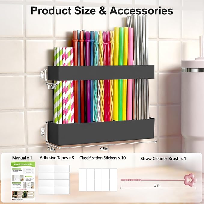 9.5” Large Acrylic Straw Holder for Cabinet Door, Reusable Adjustable Two-Part Straws Organizer with Ultra Sticky Adhesive Strips, 2026 Straw Storage for Kitchen Cupboard