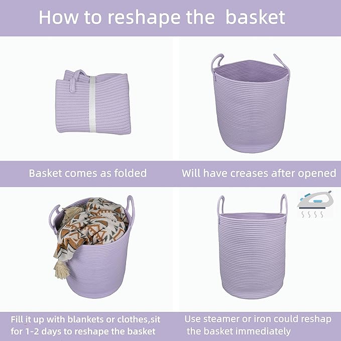 XUANGUO Cotton Rope Laundry Basket Hamper for Clothes Woven Storage Basket for Living Room Bedroom Boho Tall Rope Baskets for Blanket Toys Pillow Towels Baby Nursery Hamper Bin Large purple