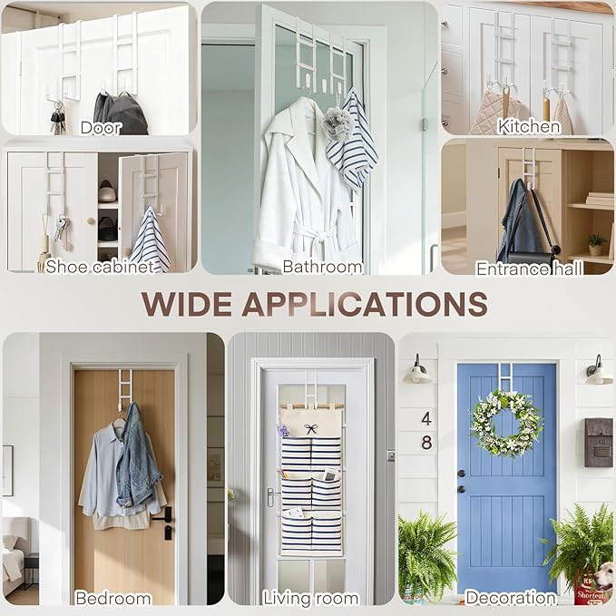 FYY 2 Packs Over The Door Hooks, Double Sided Door Hanger Hook - Heavy Duty No Drill Wall Hooks for Hanging Coats, Towels, Bags, Kitchen Closet Fits Most Doors Up to 1-7/8" Thickness (7.8" L, White)